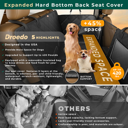 DROEDO Dog Car Seat Cover for Back Seat,Sturdy Hard Bottom Dog Car Seat Extender Supports Up to 420 Pounds,Waterproof Dog Car Hammock for Car SUV Truck